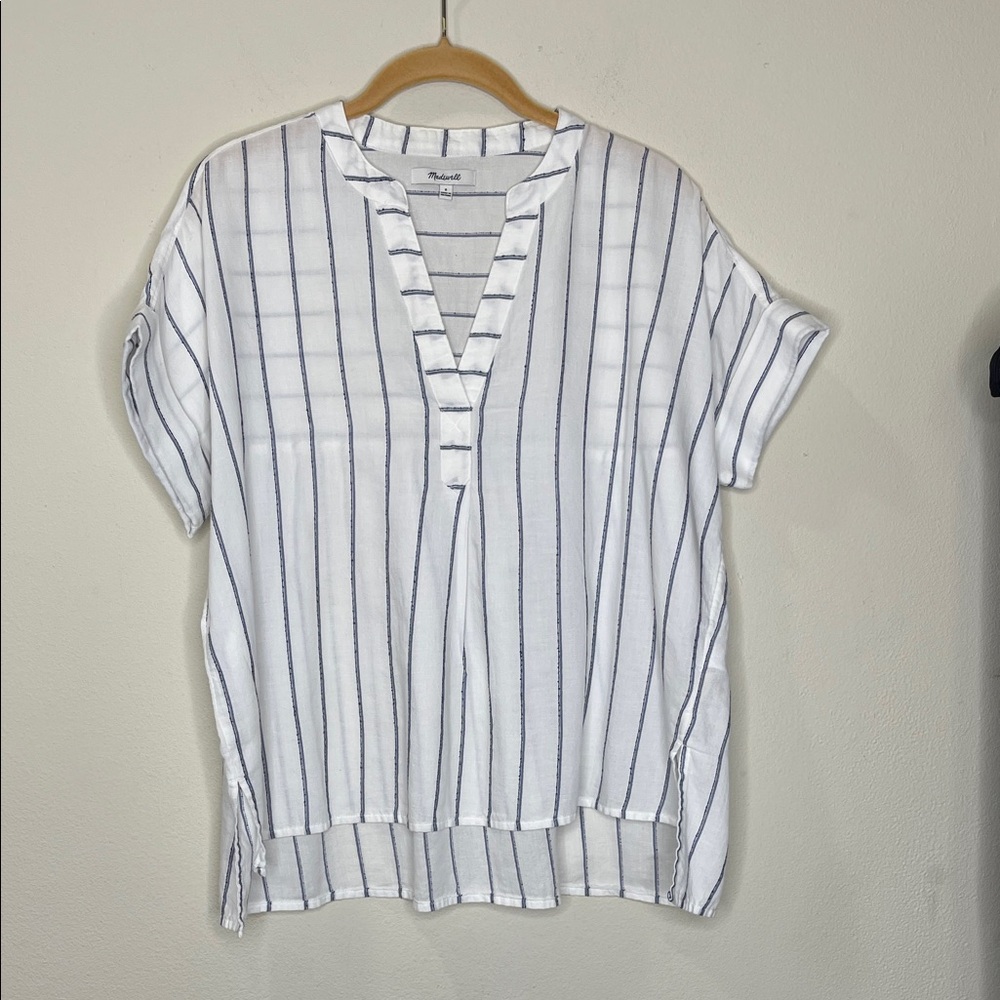 Madewell Oversized White and Navy Striped Blouse